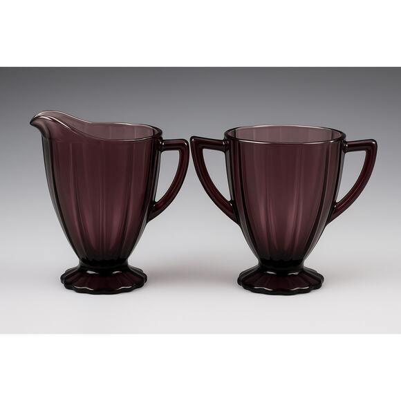 Vintage Hazel Atlas Amethyst Newport Hairpin Footed Sugar and Creamer Set 1930s - Picture 1 of 4
